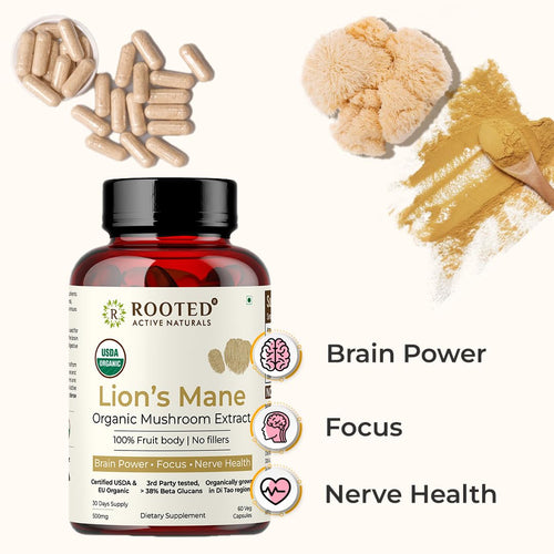 ROOTED USDA Organic Lions Mane Mushroom Extract Capsules, 38% Beta Glucans (90 Capsules) (Pack of 2)